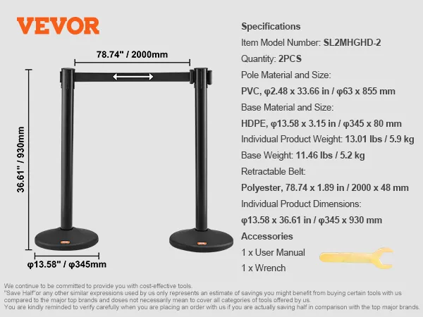 VEVOR menigtebeheersingspalen, 2 stuks, pvc-palen, hdpe-basis, polyesterband, afmetingen, gewicht.