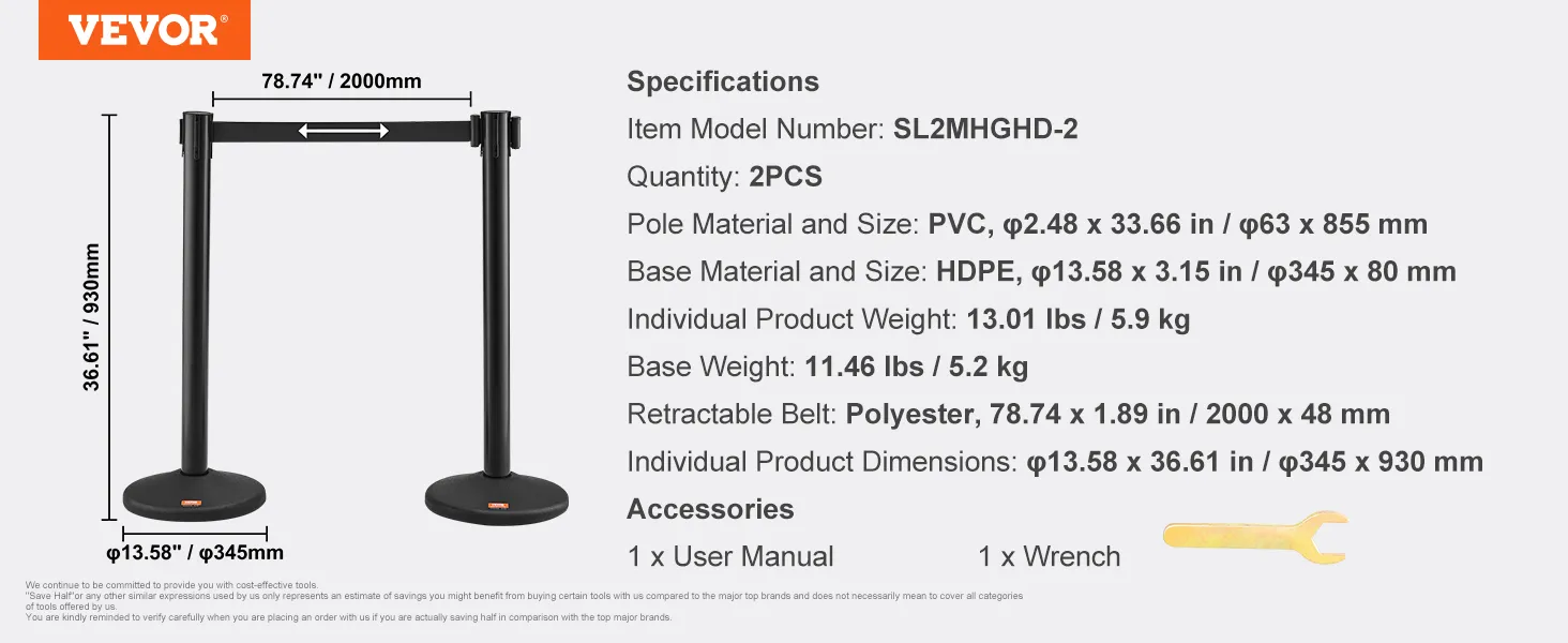 VEVOR menigtebeheersingspalen, 2 stuks, pvc-palen, hdpe-basis, polyesterband, afmetingen, gewicht.