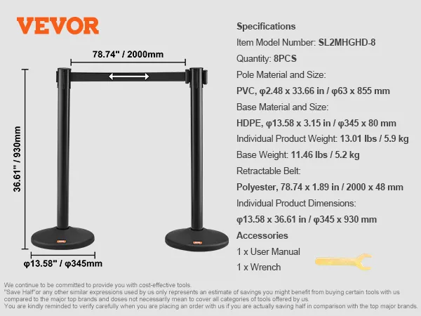 Słupki do kontroli tłumu VEVOR z chowanym pasem, 78,74", czarne, 8 szt. w opakowaniu, słupki PCV, podstawy HDPE.