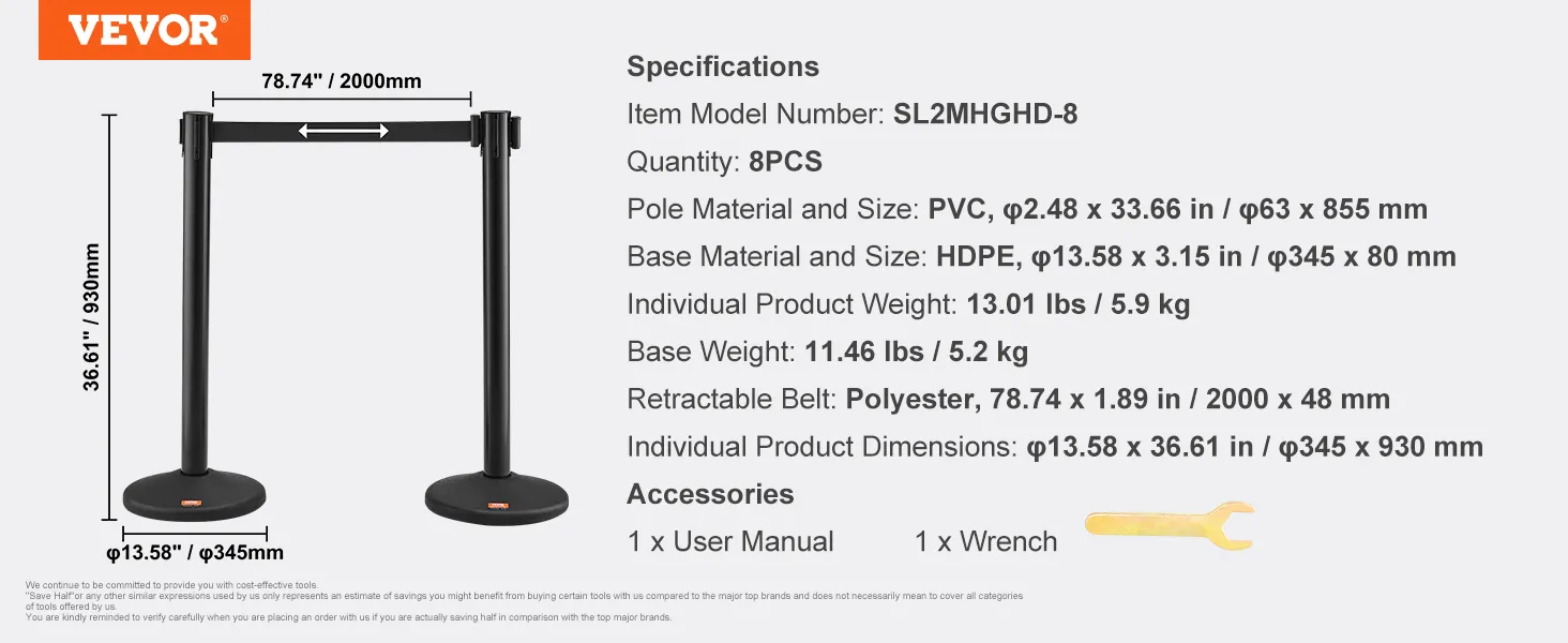 Słupki do kontroli tłumu VEVOR z chowanym pasem, 78,74", czarne, 8 szt. w opakowaniu, słupki PCV, podstawy HDPE.