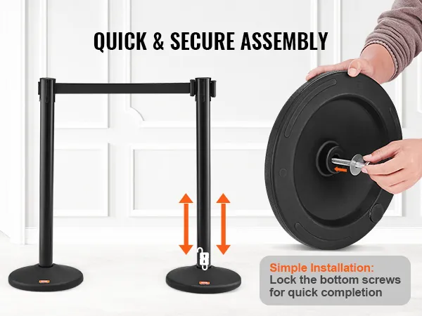 szybki montaż słupków VEVOR do kontroli tłumu, łatwy montaż dzięki bezpiecznemu blokowaniu śrubami.