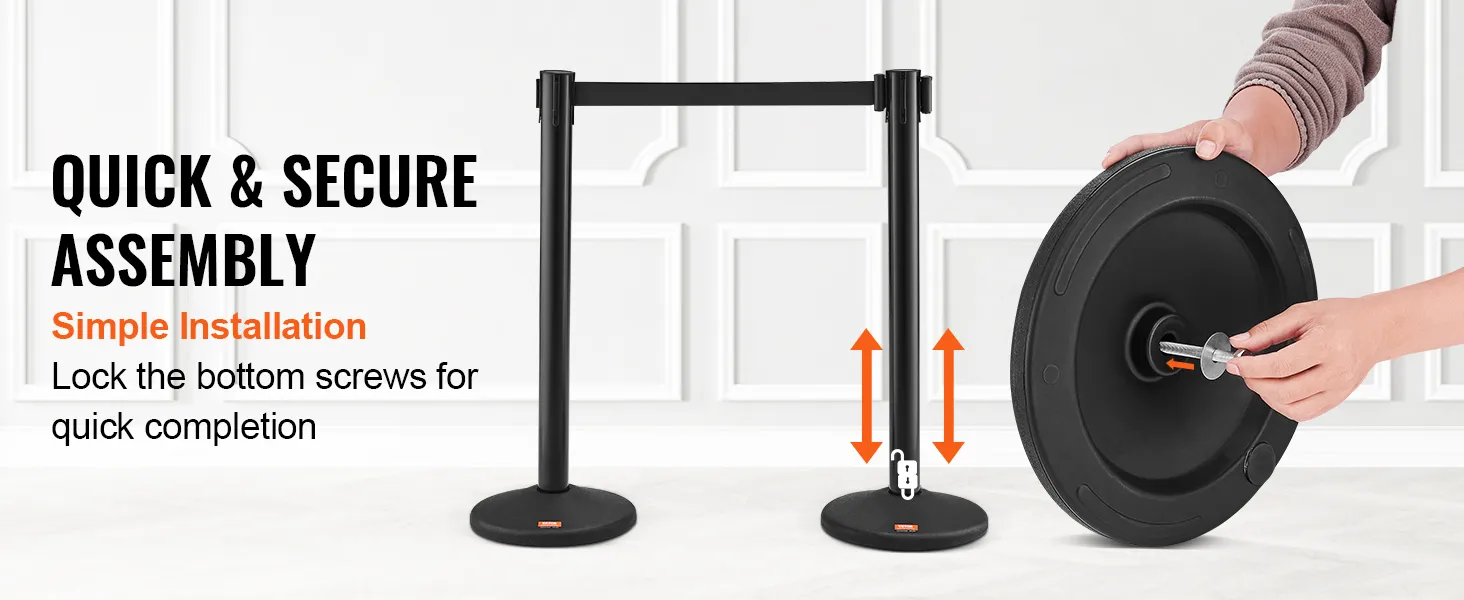 szybki montaż słupków VEVOR do kontroli tłumu, łatwy montaż dzięki bezpiecznemu blokowaniu śrubami.