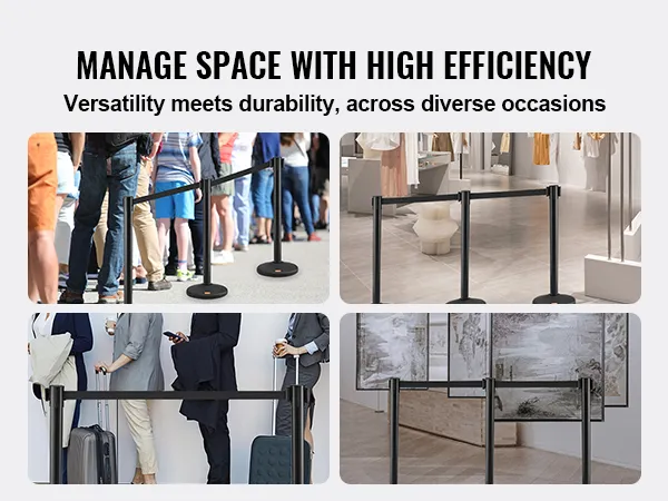 Słupki VEVOR do kontroli tłumu służą do zarządzania kolejkami w różnych miejscach: w kolejkach, w sklepach detalicznych i na lotniskach.