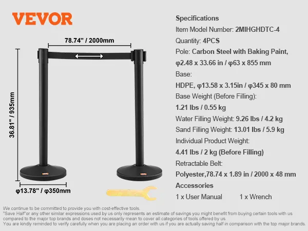 VEVOR crowd control stanchion with retractable belt, carbon steel poles, and base dimensions.