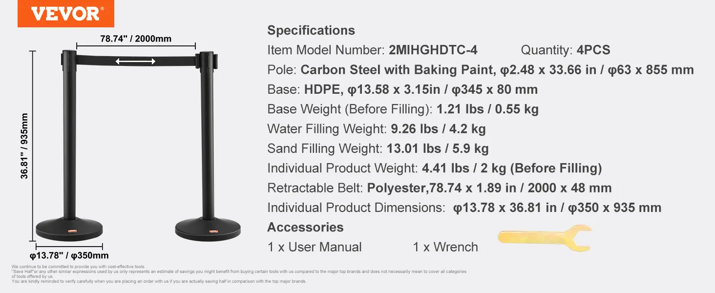 VEVOR crowd control stanchion with retractable belt, carbon steel poles, and base dimensions.