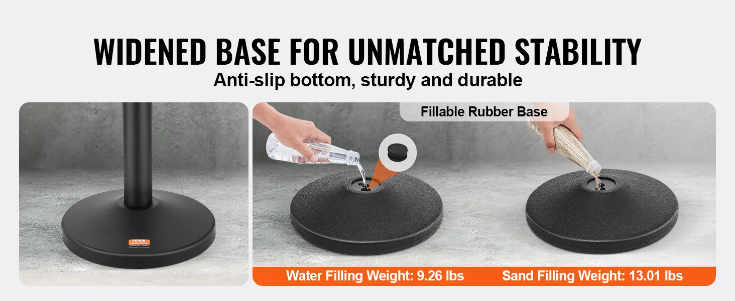 VEVOR crowd control stanchion widened base, anti-slip bottom, fillable with water or sand for stability.