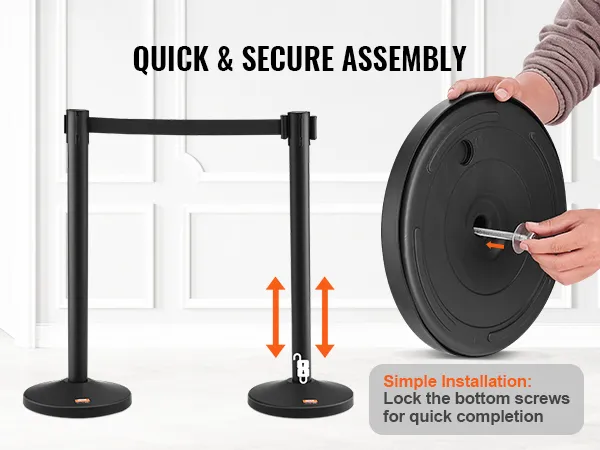 quick and secure assembly of VEVOR crowd control stanchion with simple screw-lock installation.