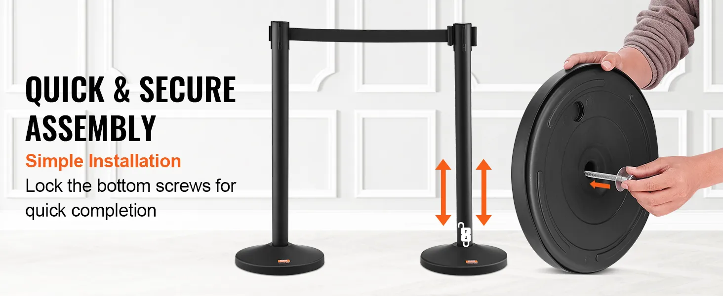 quick and secure assembly of VEVOR crowd control stanchion with simple screw-lock installation.