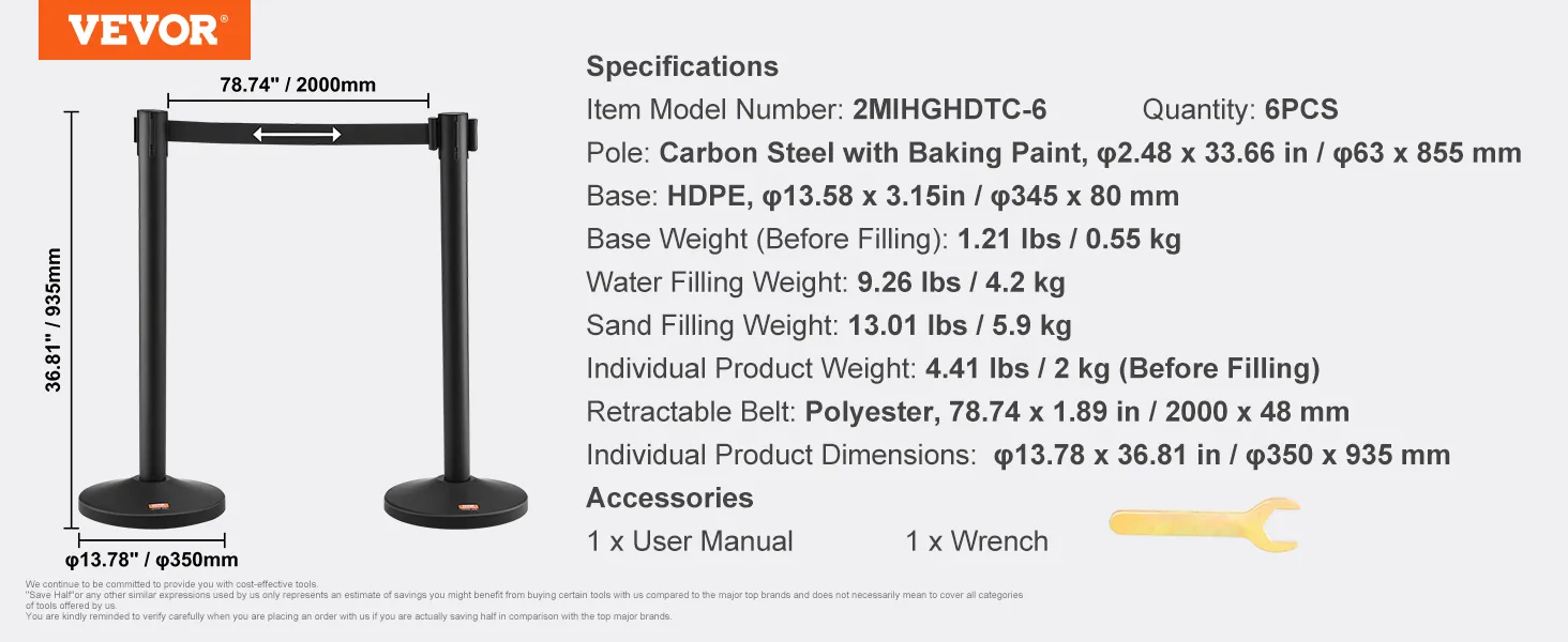 VEVOR menigtebeheersingspaal met koolstofstalen paal, HDPE-basis en intrekbare polyesterband.