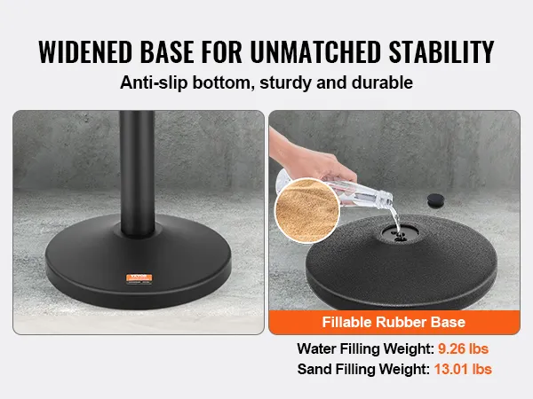 VEVOR-paal voor crowd control met vulbare rubberen voet voor verbeterde stabiliteit, antislip en duurzaamheid.