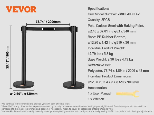 VEVOR-paaltjes voor menigtebeheersing met palen van koolstofstaal, een rubberen basis van PE en een uittrekbare polyesterband.