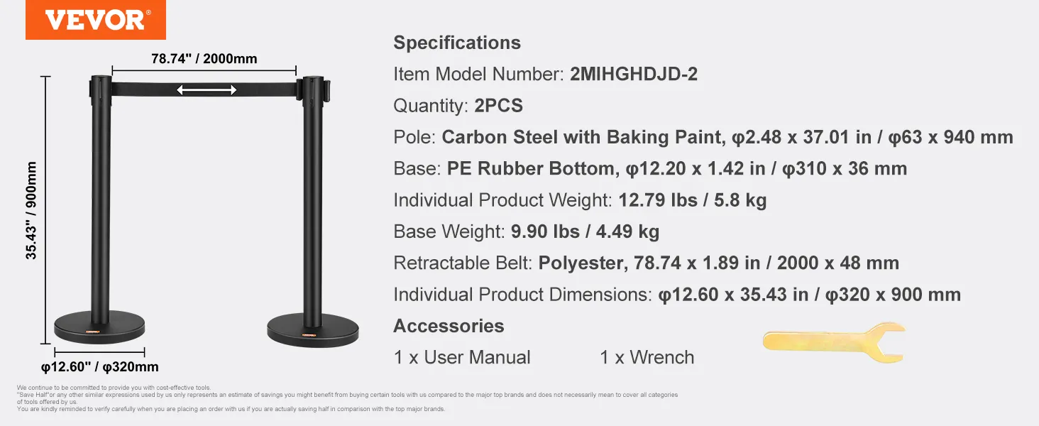 VEVOR-paaltjes voor menigtebeheersing met palen van koolstofstaal, een rubberen basis van PE en een uittrekbare polyesterband.