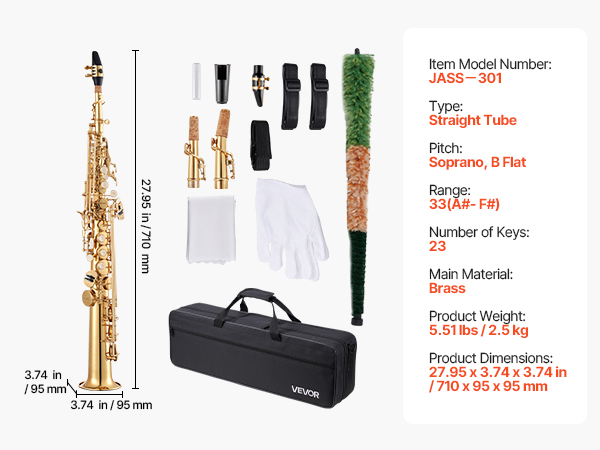 VEVOR Straight Soprano Saxophone, B Flat, Brass Saxophone Beginner