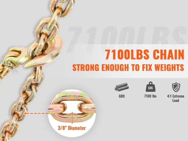 VEVOR transport binder chain, 7100 lbs capacity, 3/8" diameter, g80, 4:1 extreme load, heavy-duty.