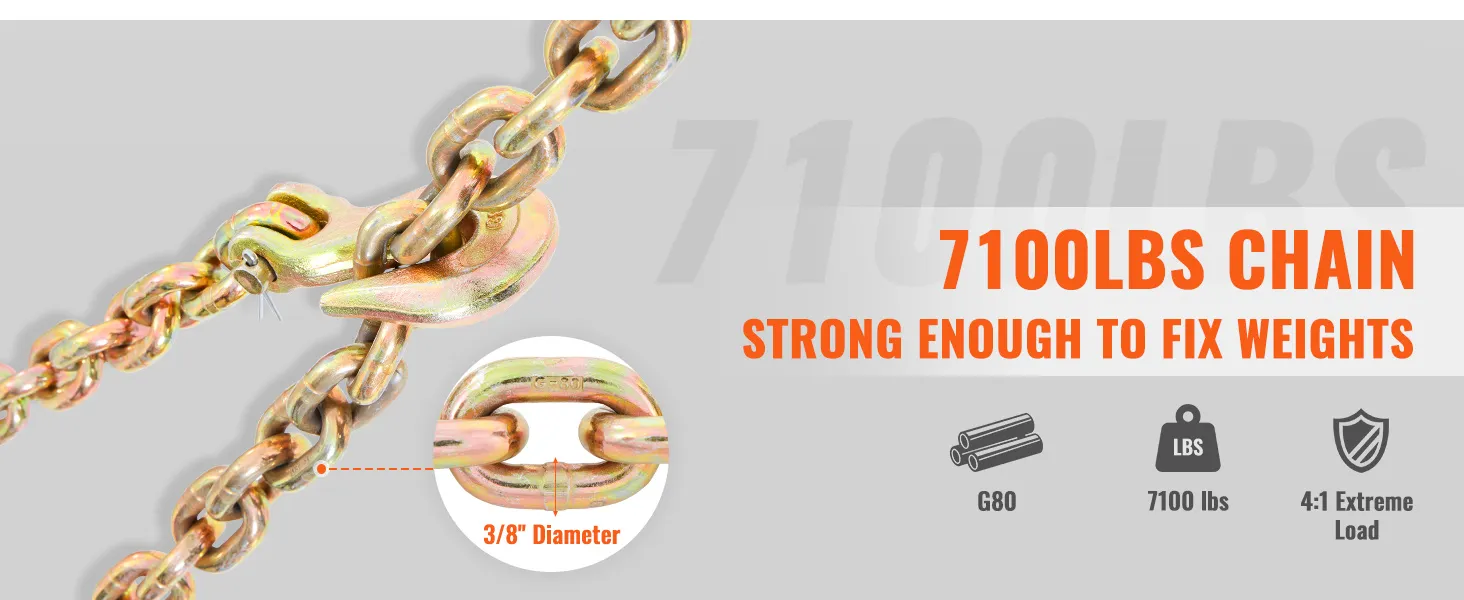 VEVOR transport binder chain, 7100 lbs capacity, 3/8" diameter, g80, 4:1 extreme load, heavy-duty.