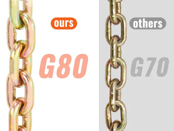 VEVOR transport binder chain g80 comparison with g70 chain. "ours" in orange, "others" in gray.