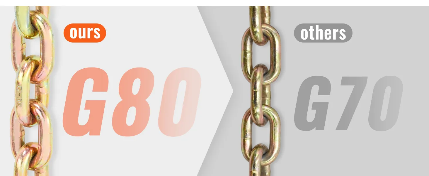 VEVOR transport binder chain g80 comparison with g70 chain. "ours" in orange, "others" in gray.