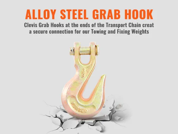 alloy steel grab hook with clevis design for secure towing and fixing weights. VEVOR transport binder chain.