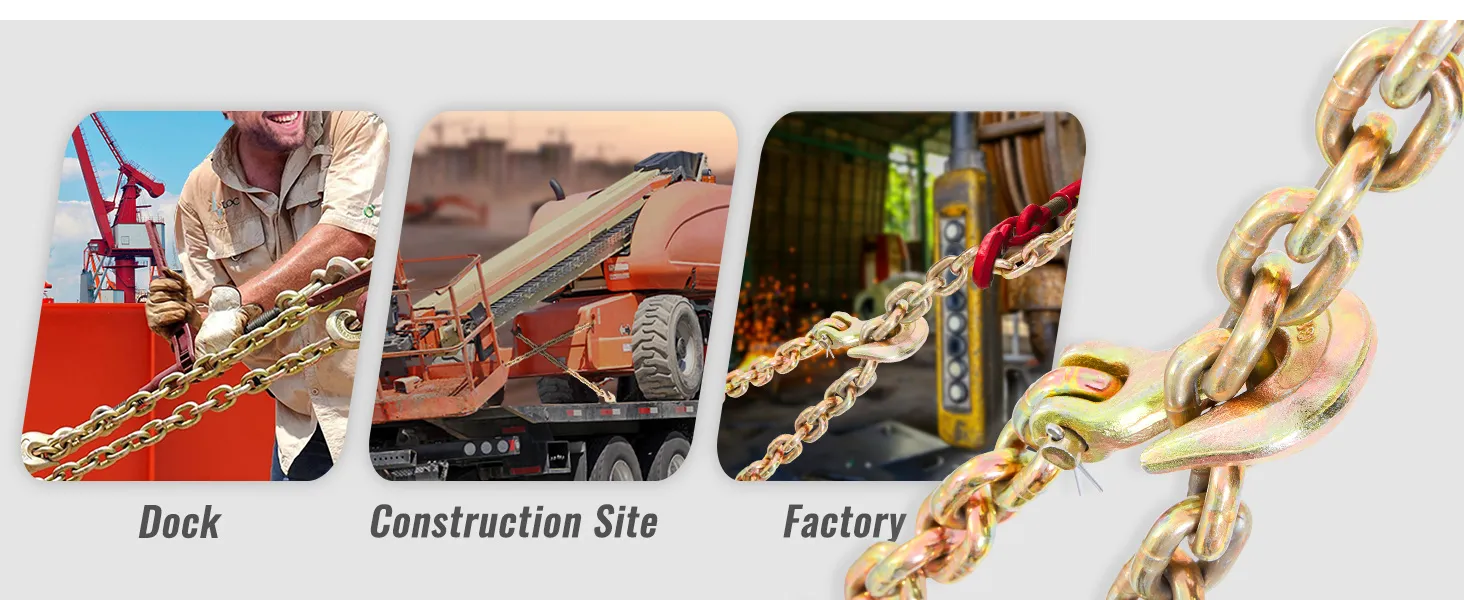 VEVOR transport binder chain at dock, construction site, and factory in various heavy-duty applications.