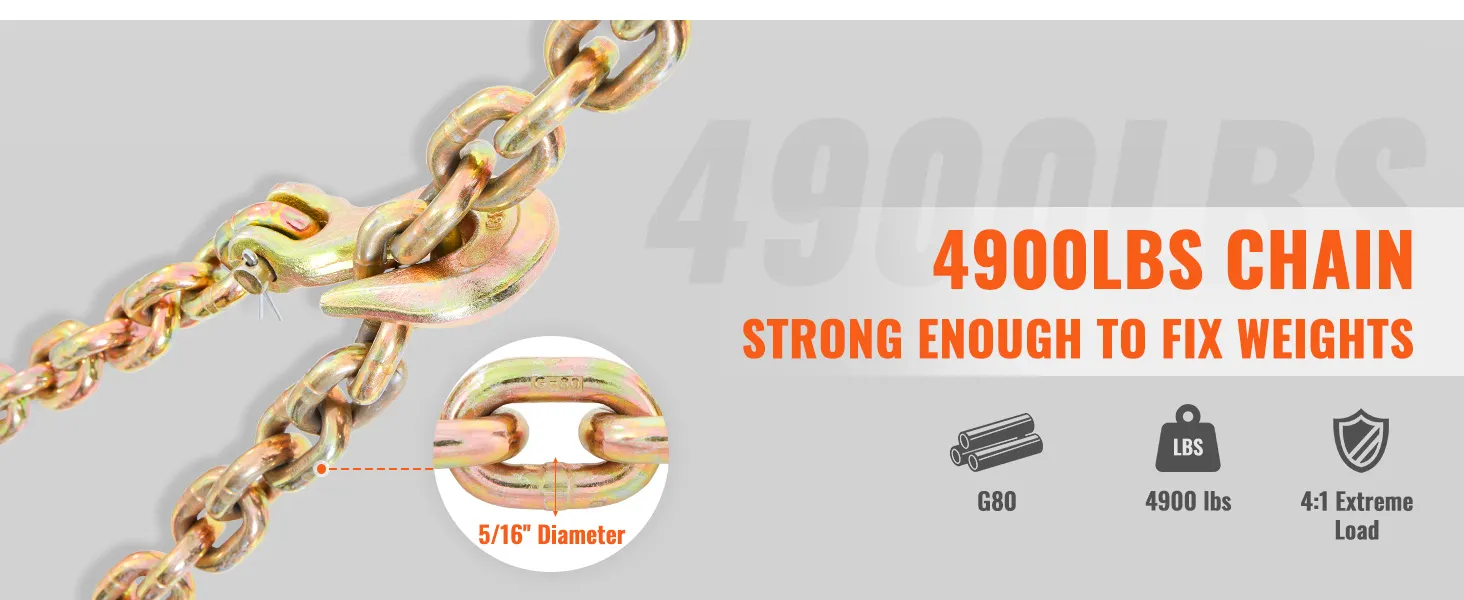 4900 lbs VEVOR transportbinderketting, 5/16" diameter, g80-klasse, 4:1 extreem draagvermogen.