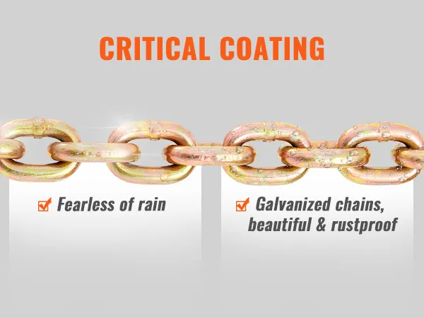 VEVOR transportbinderketting met kritische coating, roestvrij en bestand tegen regen, gegalvaniseerde afwerking.