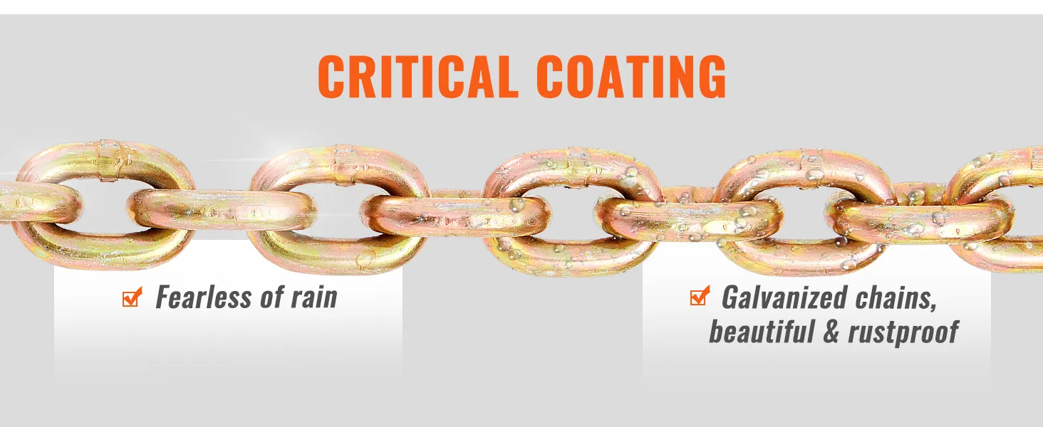 VEVOR transportbinderketting met kritische coating, roestvrij en bestand tegen regen, gegalvaniseerde afwerking.