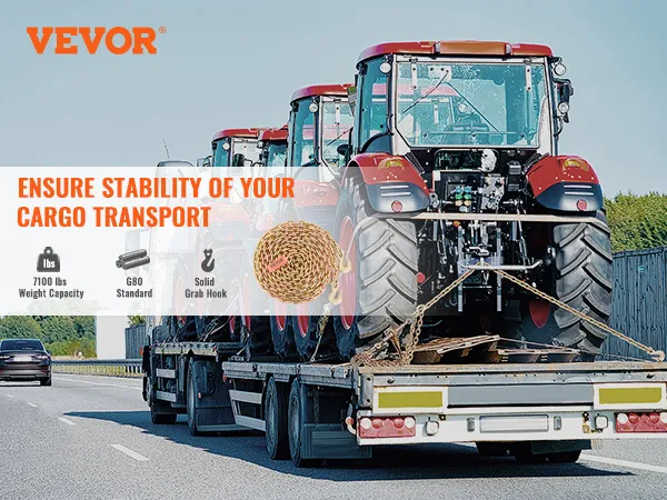 vrachtwagen voor het vervoeren van tractoren met behulp van VEVOR transportbinderketting met een capaciteit van 7100 lbs, G80-standaard, stevige grijphaak.