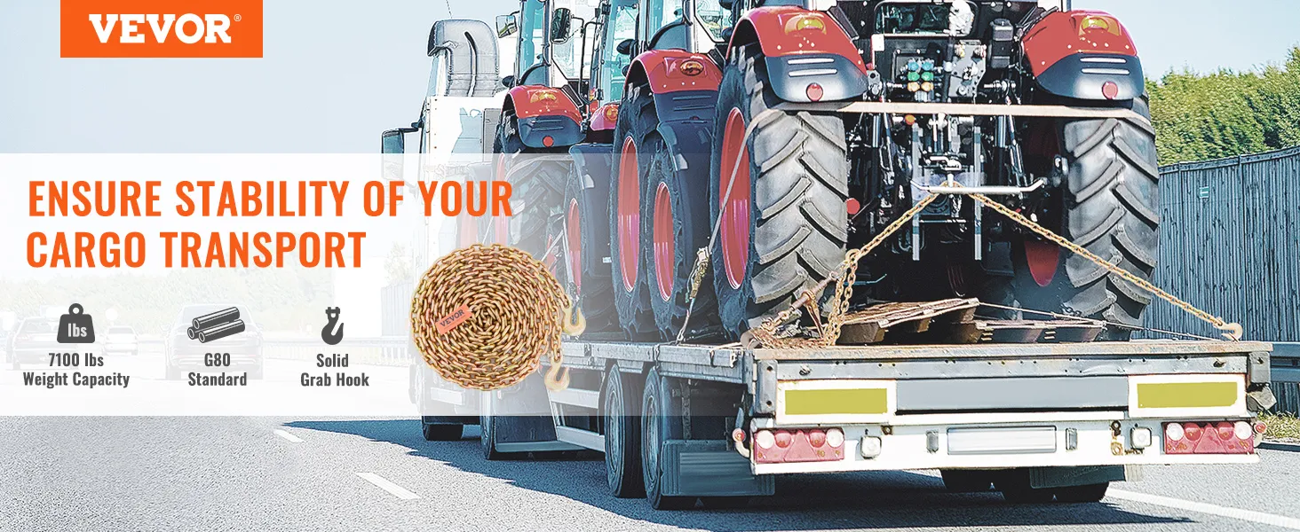 vrachtwagen voor het vervoeren van tractoren met behulp van VEVOR transportbinderketting met een capaciteit van 7100 lbs, G80-standaard, stevige grijphaak.