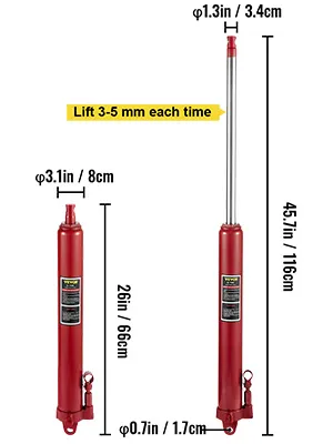 VEVOR hydraulic long ram jack with dimensions and lifting range displayed.