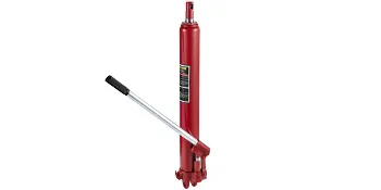 red VEVOR hydraulic long ram jack with black handle and visible control valve.