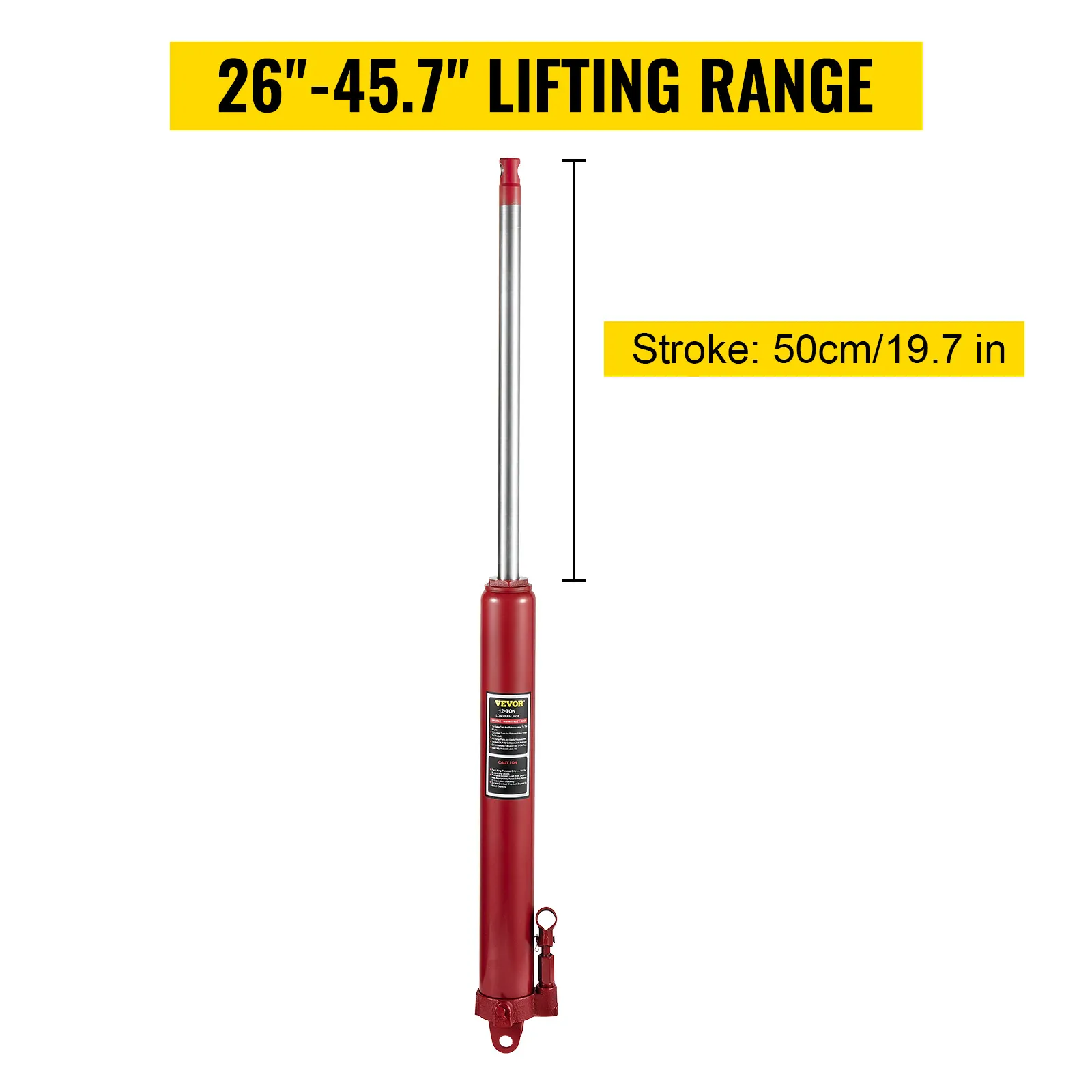 VEVOR hydraulic long ram jack with 26"-45.7" lifting range and 50cm stroke.