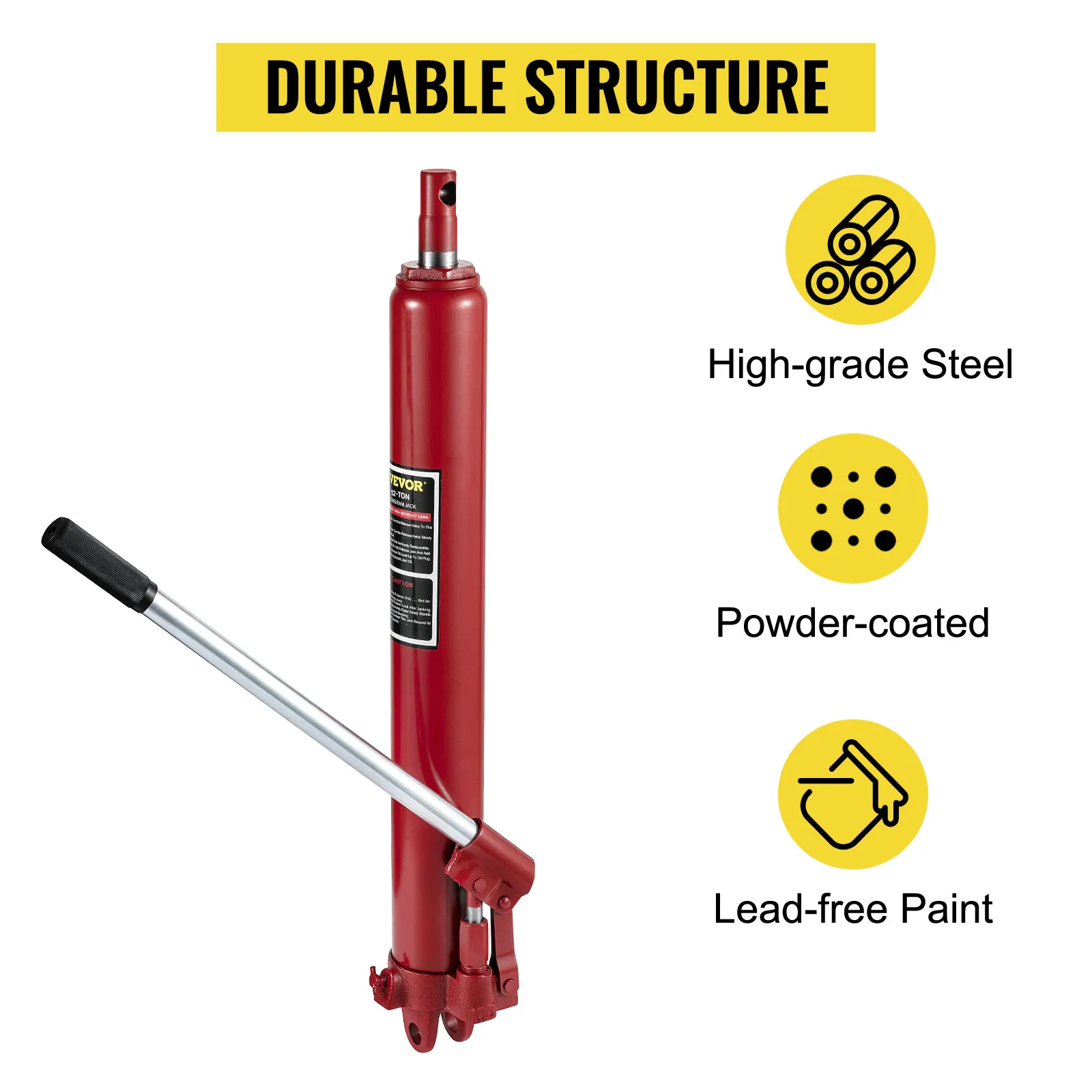 VEVOR hydraulic long ram jack with high-grade steel, powder-coating, lead-free paint.