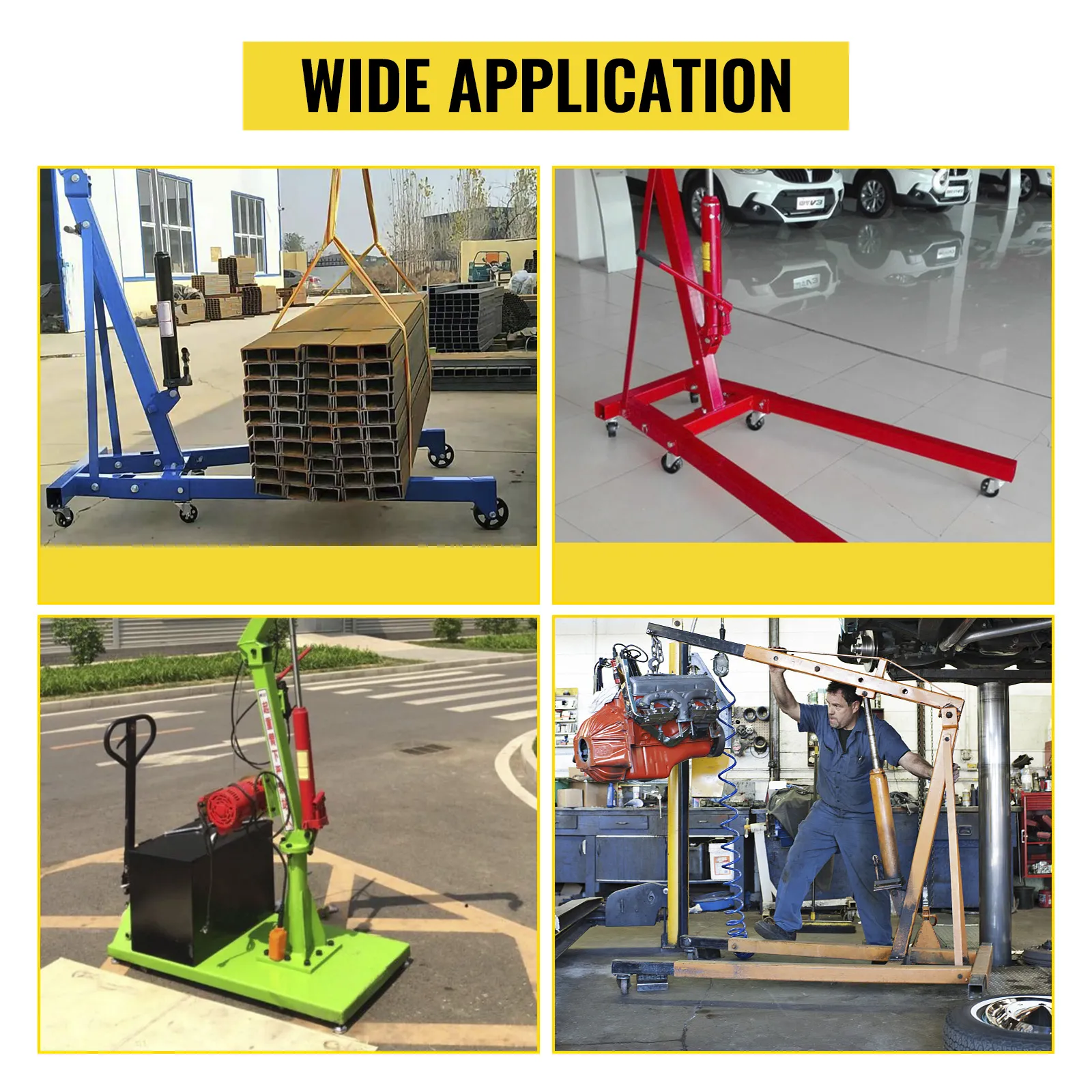 VEVOR hydraulic long ram jack lifting heavy loads in various industrial settings.