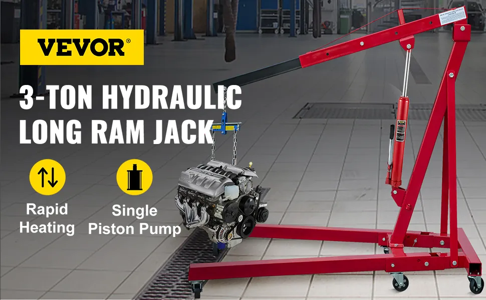 VEVOR 3-ton hydraulic long ram jack lifting an engine in a workshop with rapid heating.
