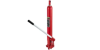 red VEVOR hydraulic ram jack with a silver handle, held upright on a white background.
