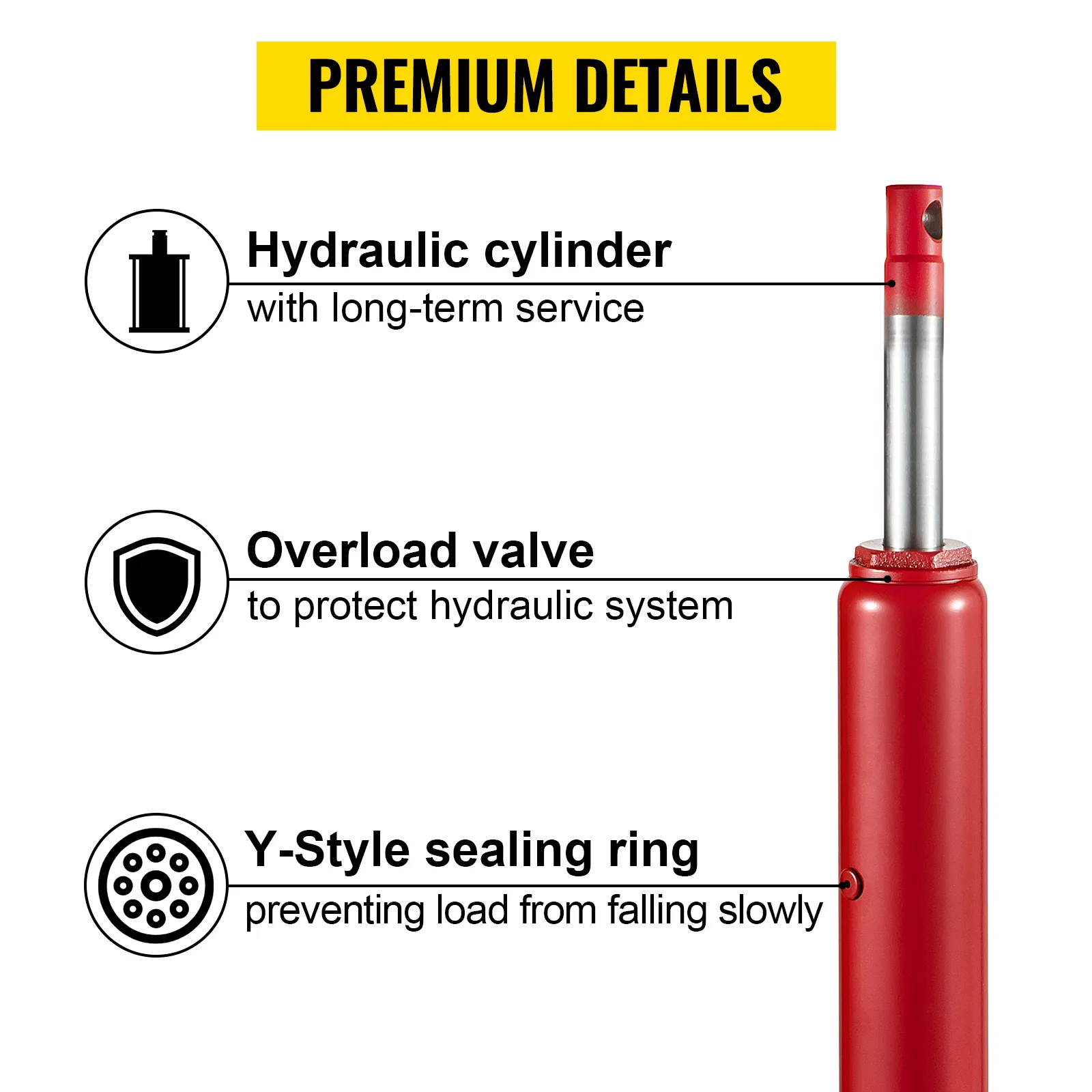 VEVOR hydraulic ram jack with overload valve and y-style sealing ring for durability.