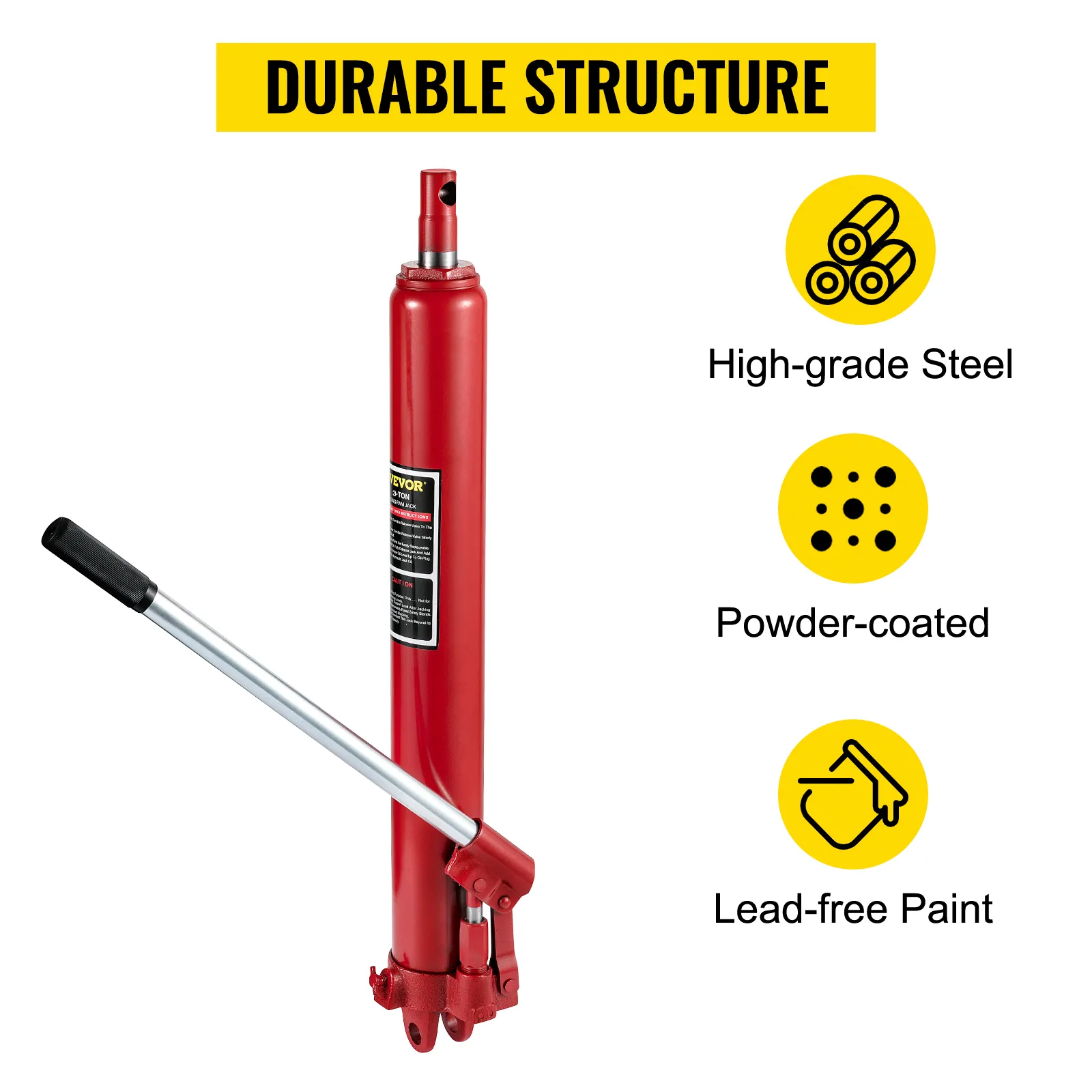 VEVOR hydraulic ram jack, high-grade steel, powder-coated, lead-free paint, durable structure.