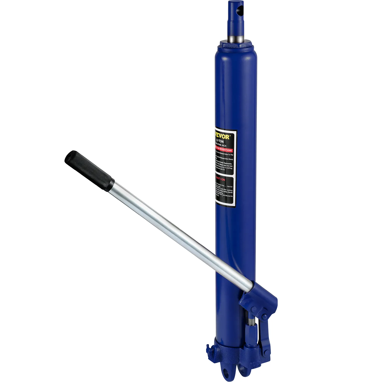 blue VEVOR hydraulic long ram jack with black handle and label detailing.