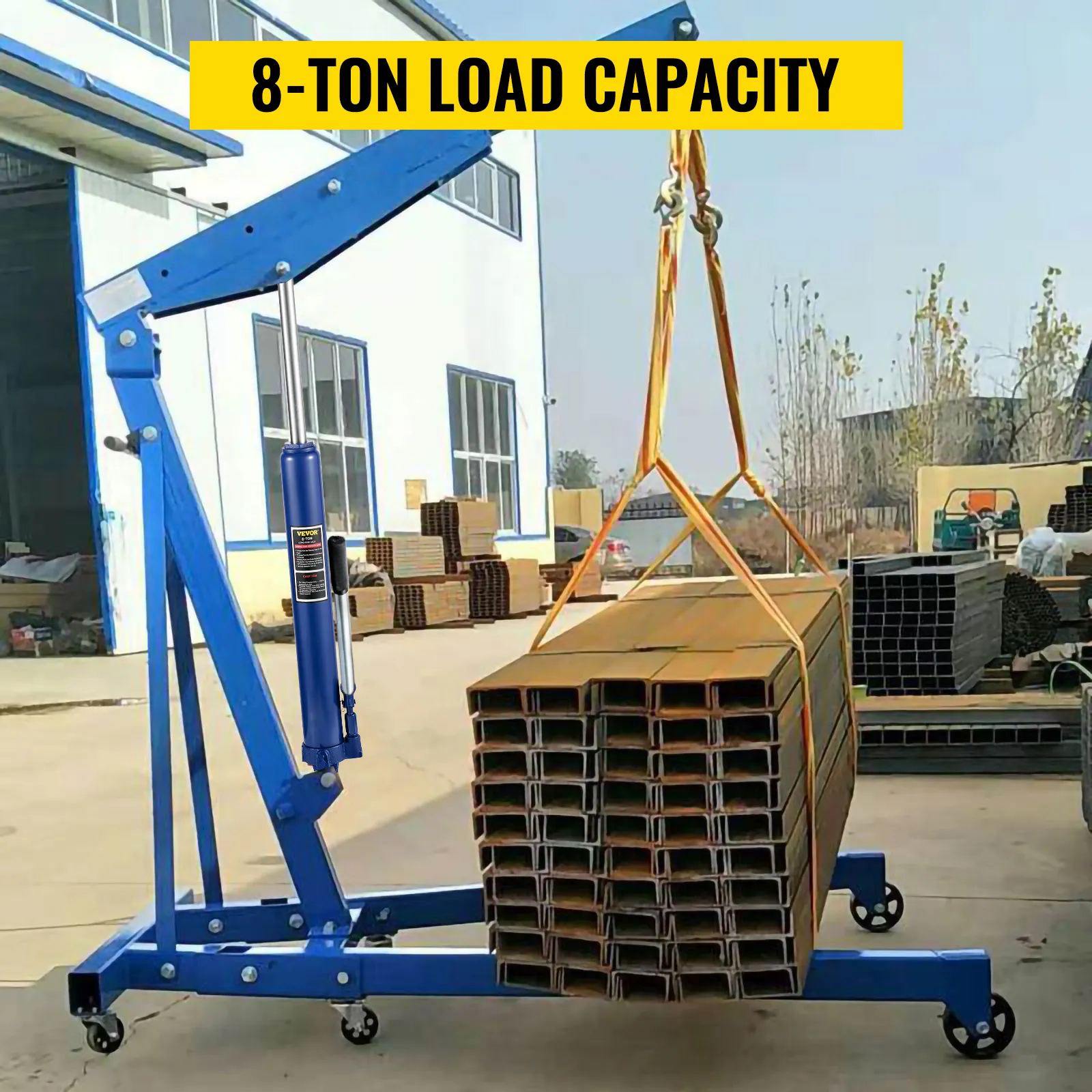 VEVOR hydraulic long ram jack lifting heavy load with 8-ton capacity in a warehouse.
