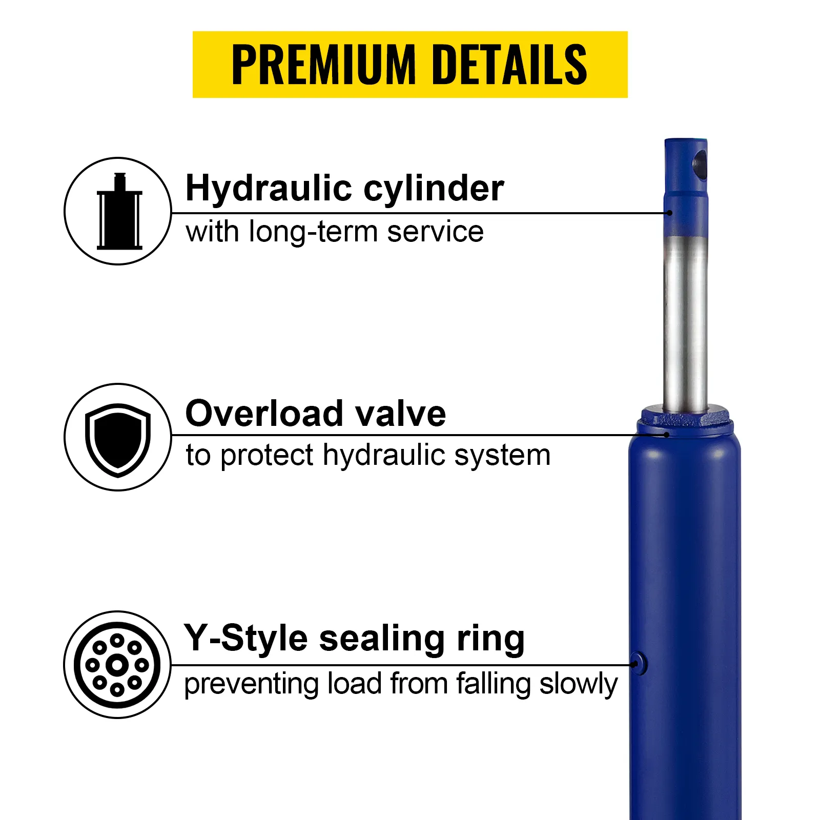 VEVOR hydraulic long ram jack with overload valve and y-style sealing ring.