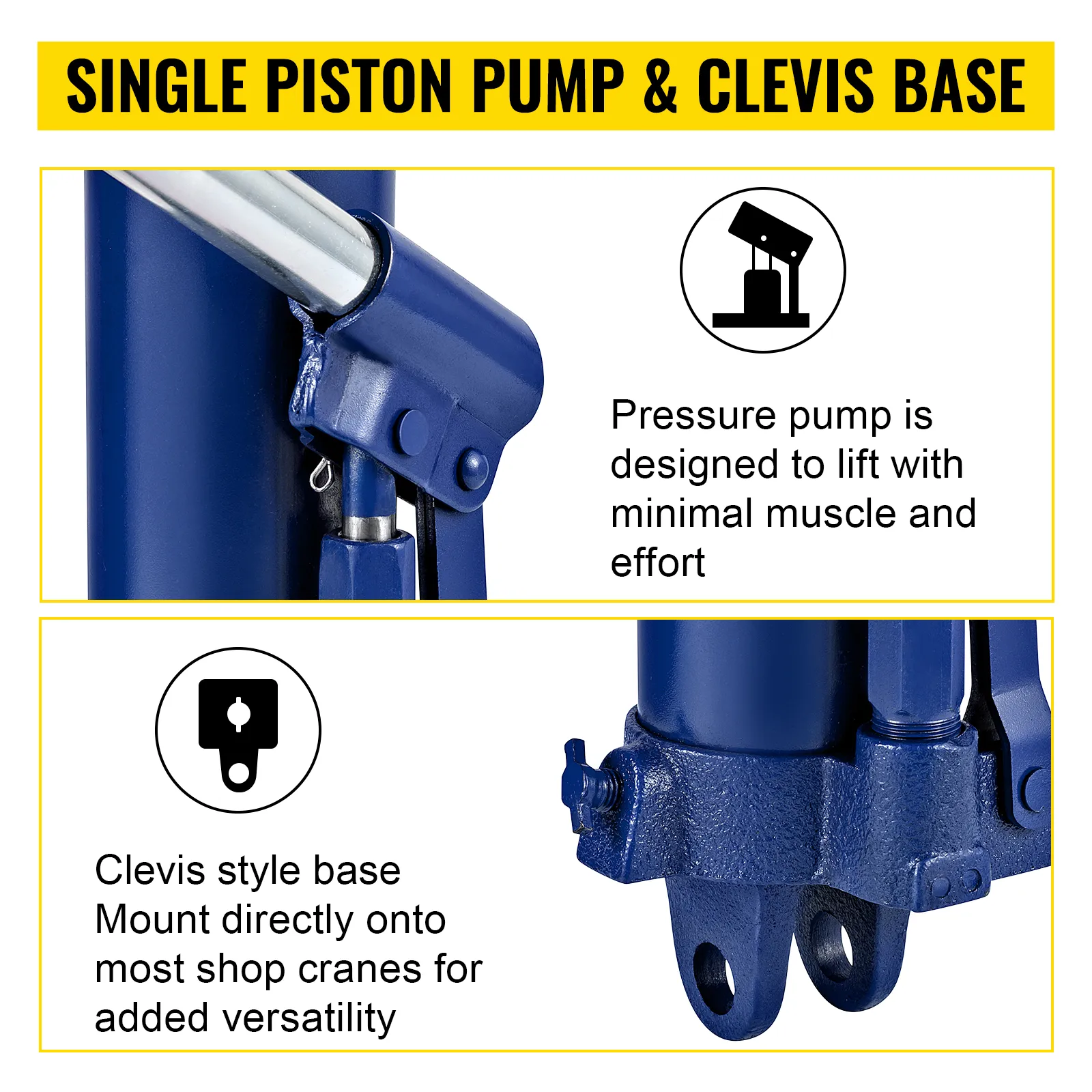 VEVOR hydraulic long ram jack with single piston pump and clevis style base.