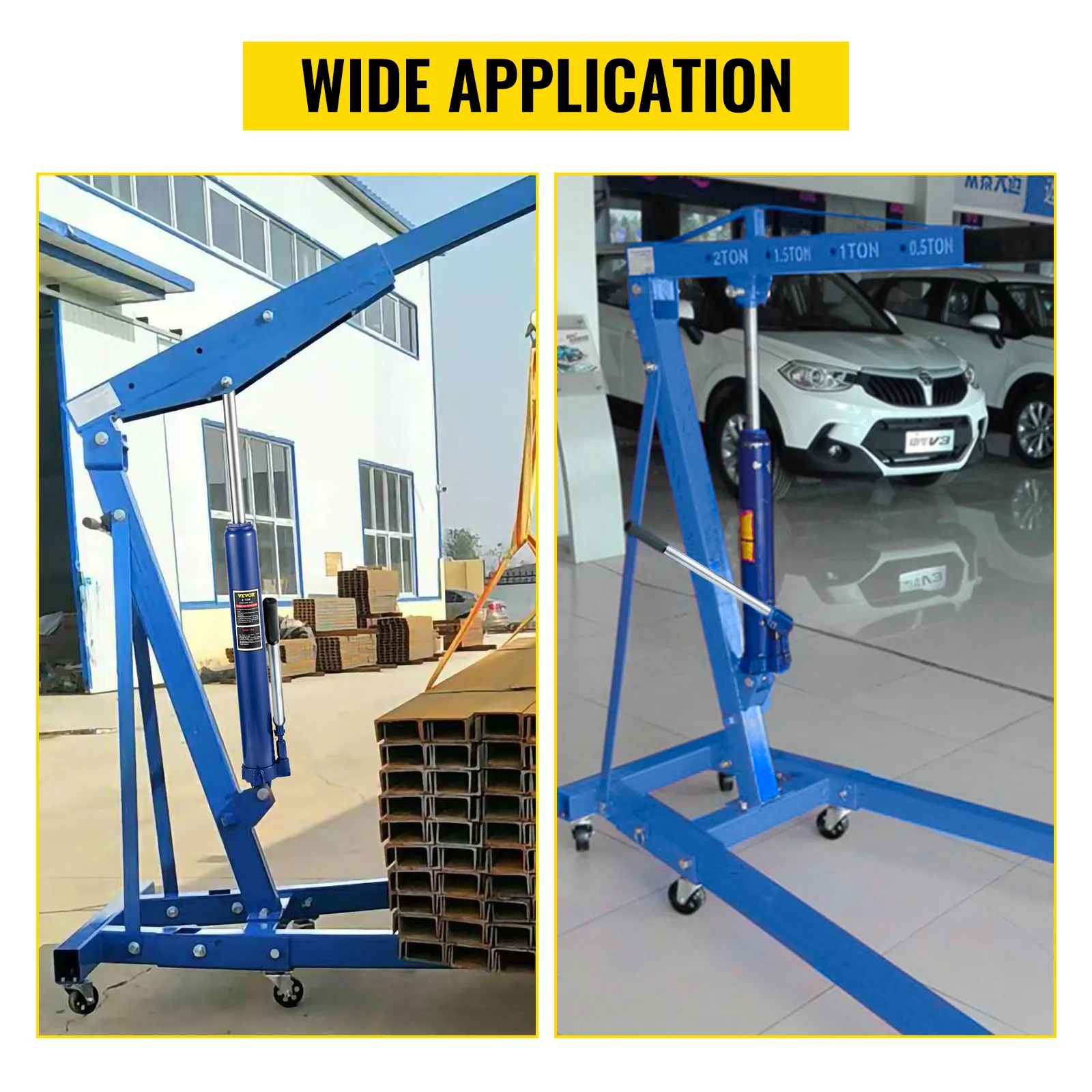 VEVOR hydraulic long ram jack in outdoor and indoor applications.
