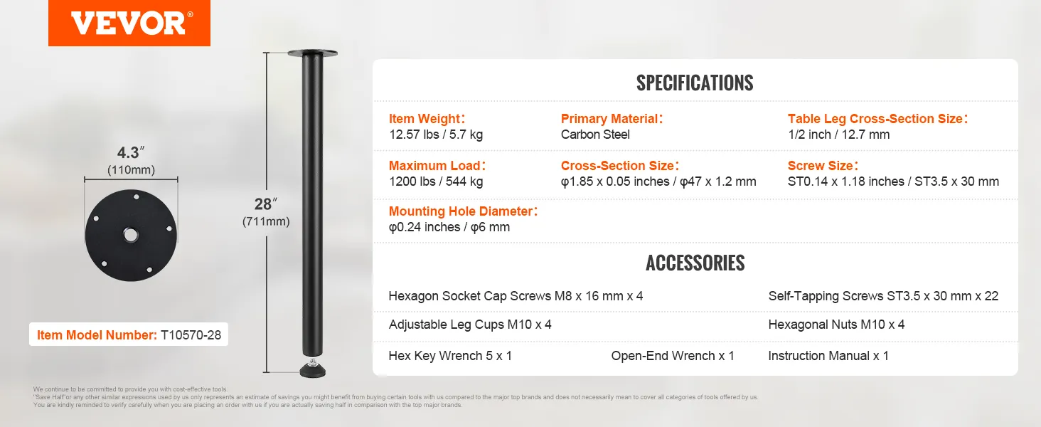 VEVOR adjustable desk legs, model t10570-28, carbon steel, 28" height, 1200 lbs load capacity.