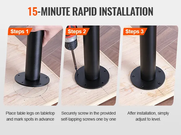 VEVOR adjustable desk legs installation in 3 steps: place, screw, and adjust for leveling.