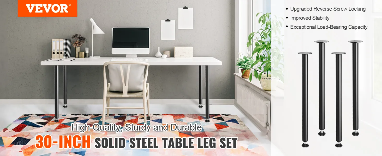 VEVOR desk legs: 30-inch solid steel table leg set, high-quality, sturdy, durable, with improved stability.