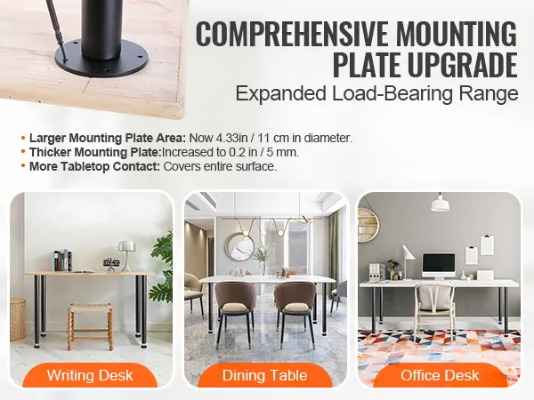 VEVOR desk legs with larger, thicker mounting plates, shown on writing desk, dining table, and office desk.
