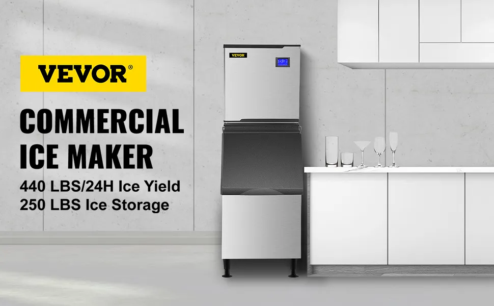 VEVOR commercial ice maker in a modern kitchen, 440 lbs/day yield, 250 lbs storage.