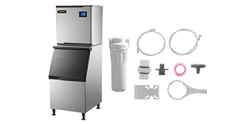 VEVOR commercial ice maker with accessories, including filter and tubing.