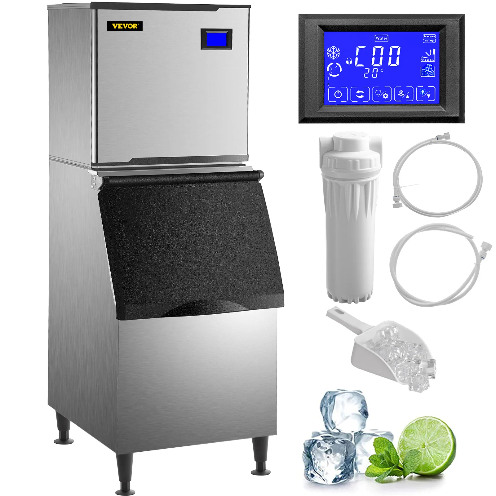 VEVOR commercial ice maker with digital control panel, water filter, and ice scoop.