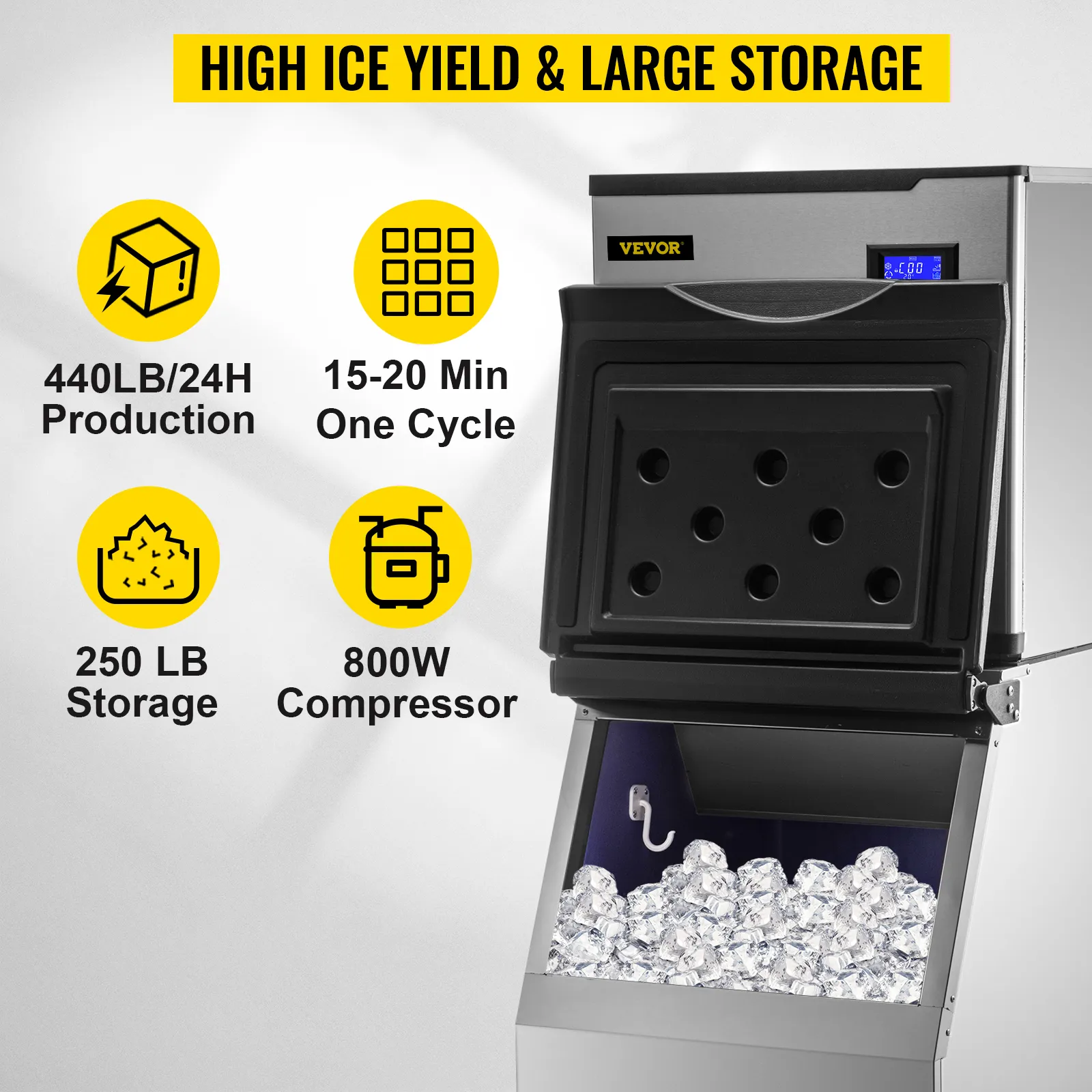 VEVOR commercial ice maker with 440lb/24h production and 250 lb storage capacity.